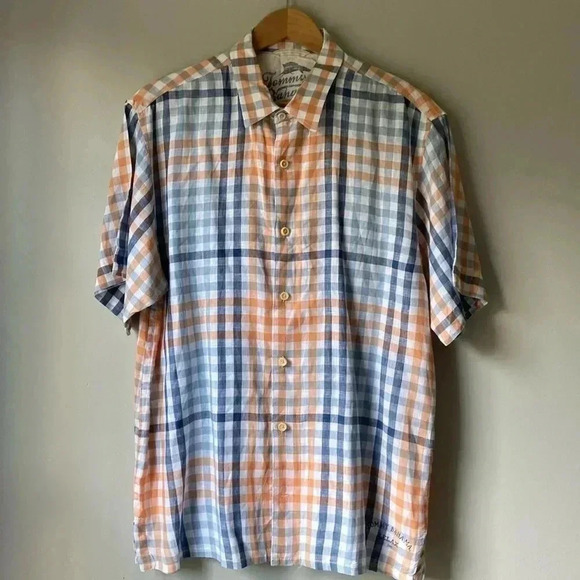 Tommy Bahama Relax LINEN Shirt Mens size L Short Sleeve Orange Blue Plaid - Picture 1 of 8